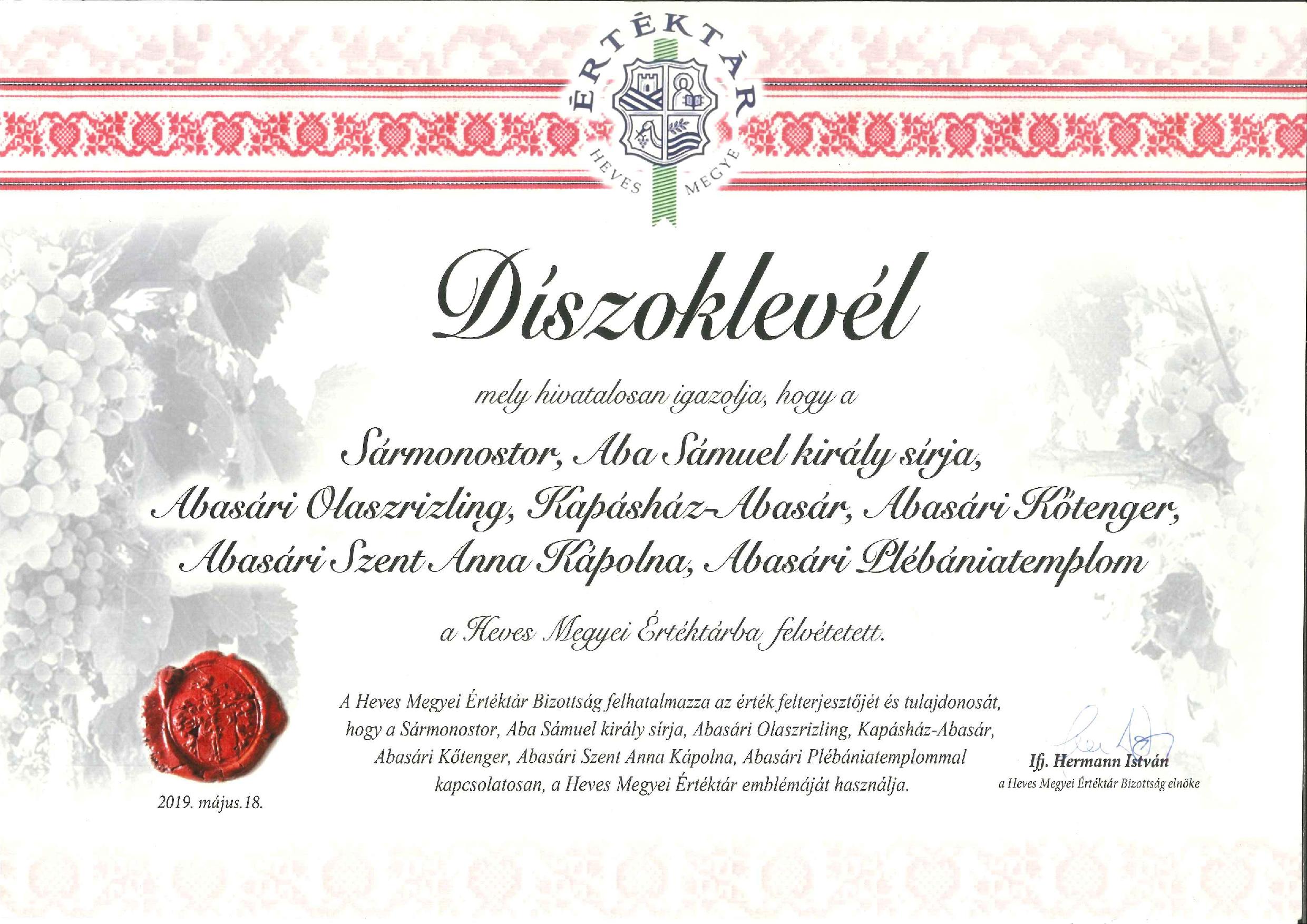 MEGYEI ELISMERÉS AZ ABASÁRI ÉRTÉKTÁRNAK